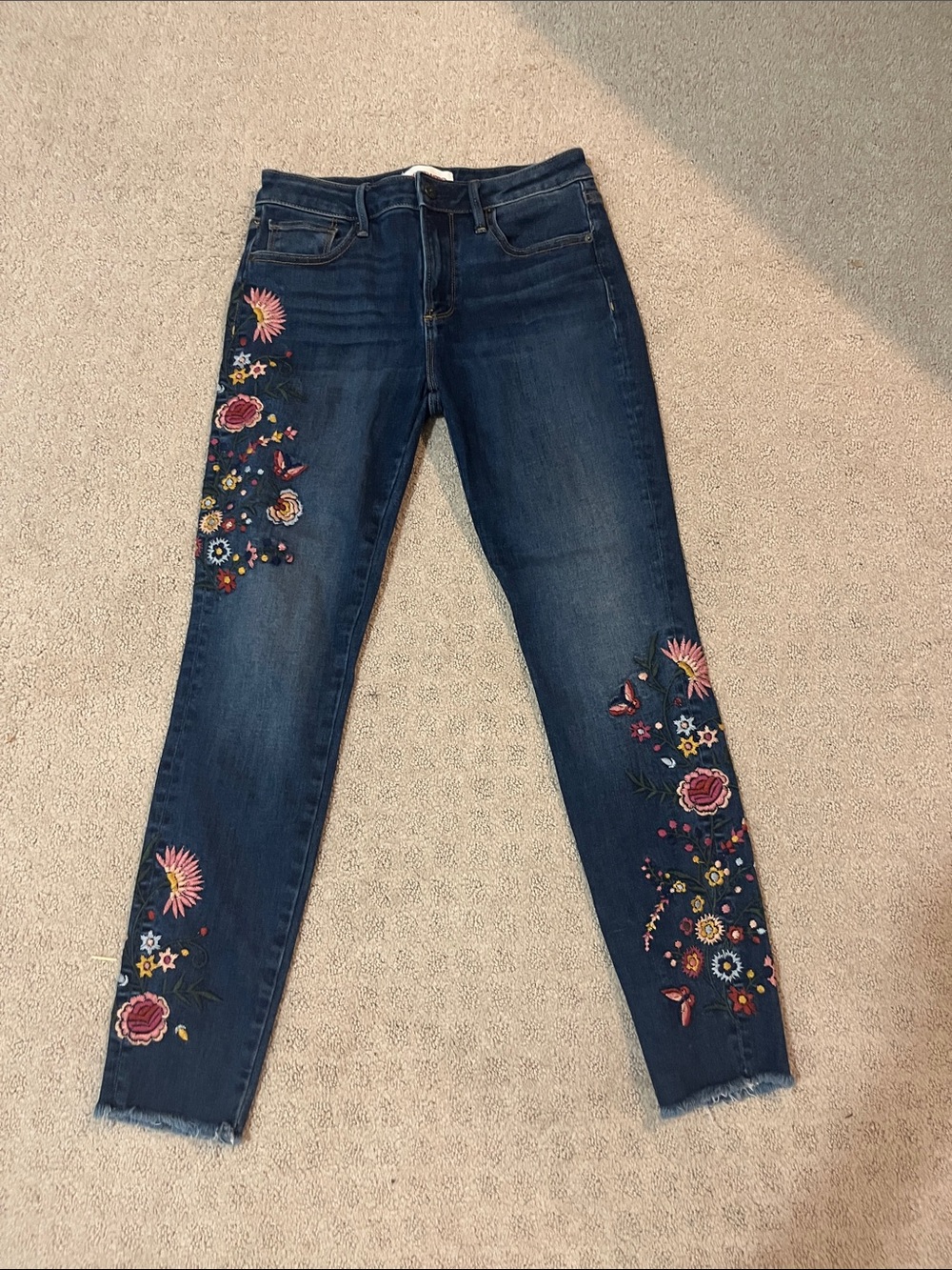 DRIFTWOOD Dark Blue Skinny Jeans with Multicolor Floral Embroidery